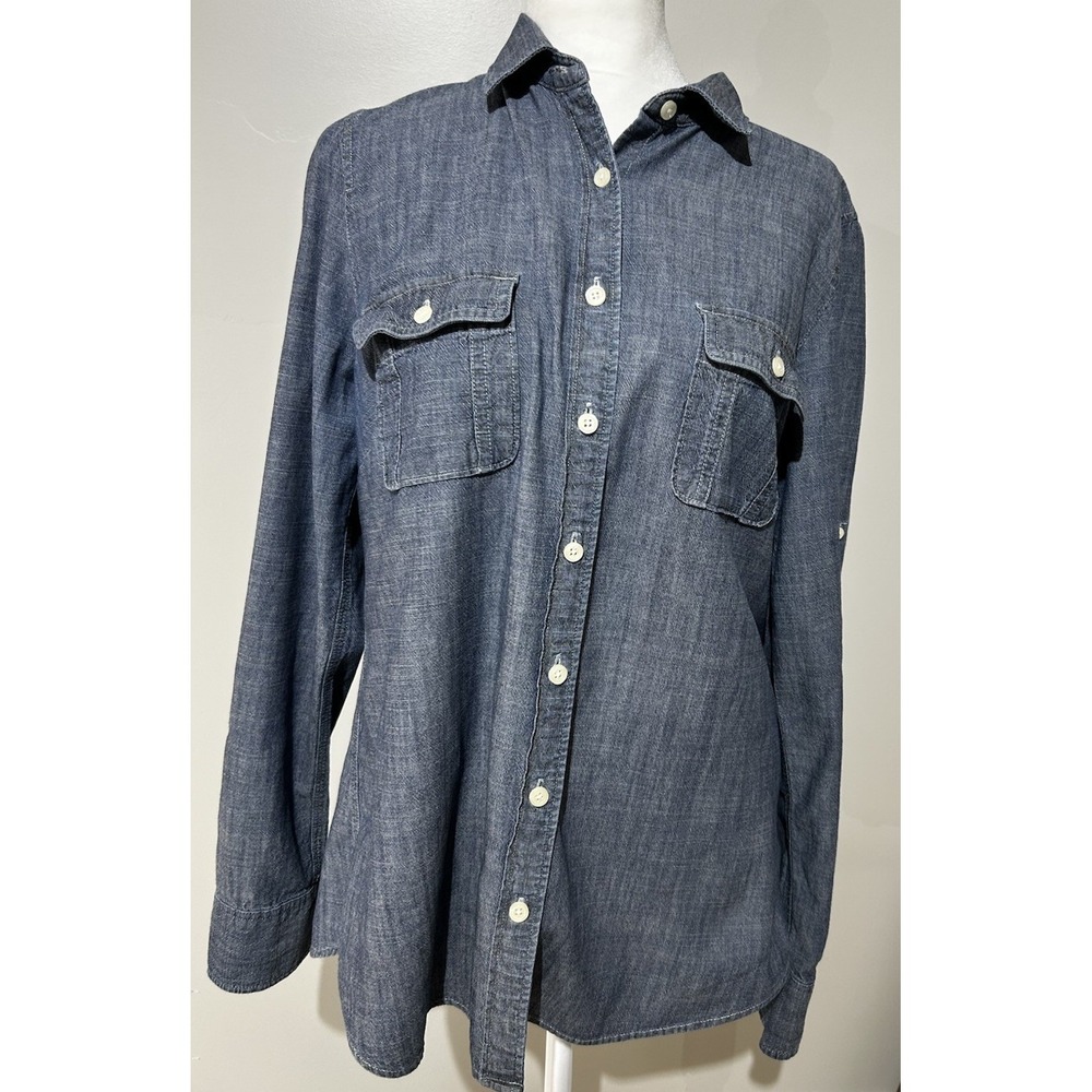 J Crew Womens Medium Denim Button Up Long Roll Sleeve Cotton Top Read